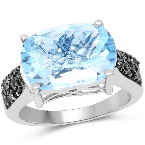 Anillo de plata de ley .925 con topacio azul suizo auténtico de 3.96 quilates y diamantes negros