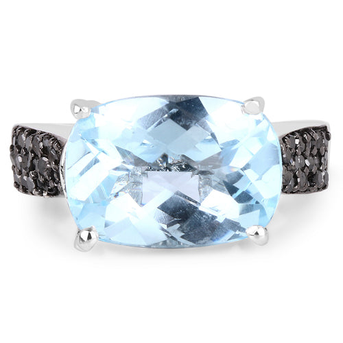 Anillo de plata de ley .925 con topacio azul suizo auténtico de 3.96 quilates y diamantes negros