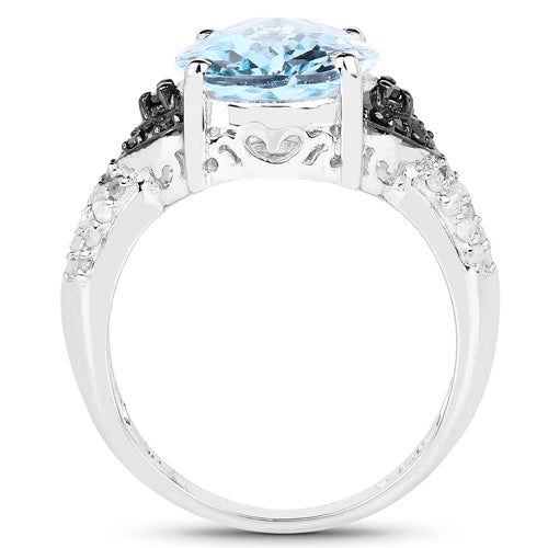 Anillo de Plata Fina .925 con Topacio Azul Suizo Genuino de 5.37 Quilates, Diamante Negro y Topacio Blanco