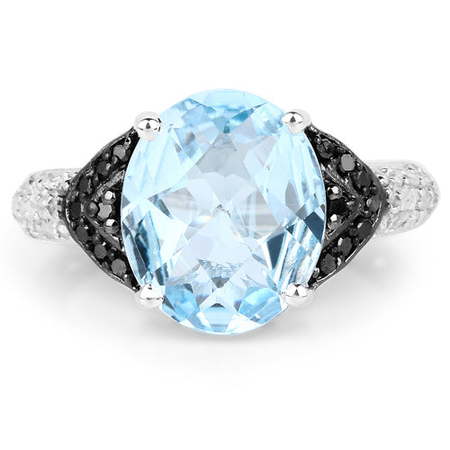 Anillo de Plata Fina .925 con Topacio Azul Suizo Genuino de 5.37 Quilates, Diamante Negro y Topacio Blanco