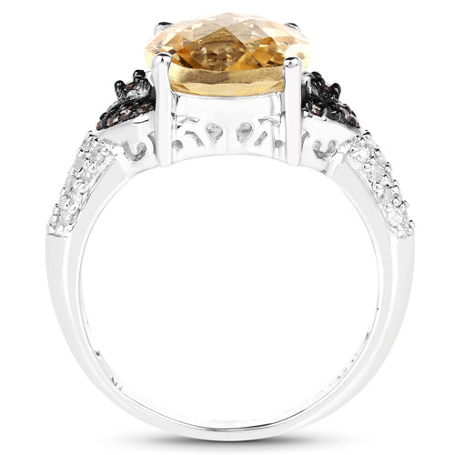 Anillo de plata de ley .925 con citrino genuino de 4.65 quilates, diamantes color champán y diamantes blancos