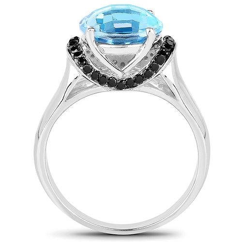 Anillo de plata de ley .925 con topacio azul suizo y diamante negro, peso 4.94 quilates