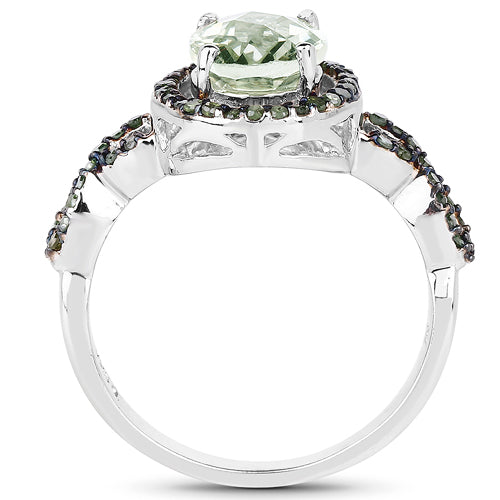 Anillo de plata de ley .925 con amatista verde genuina de 2.09 quilates y diamantes verdes