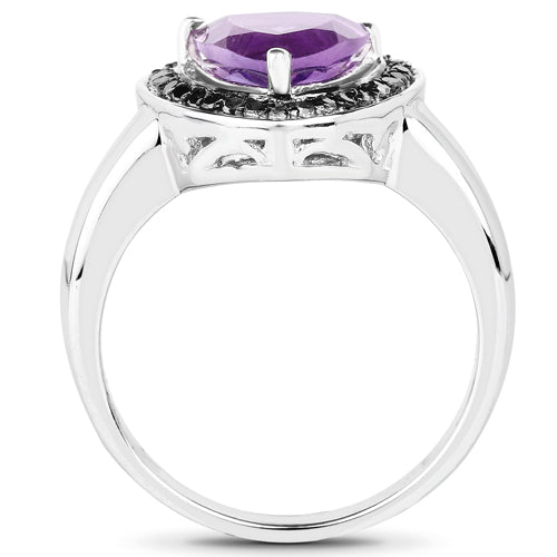 Anillo de plata de ley .925 con amatista genuina de 1,56 quilates y diamante negro