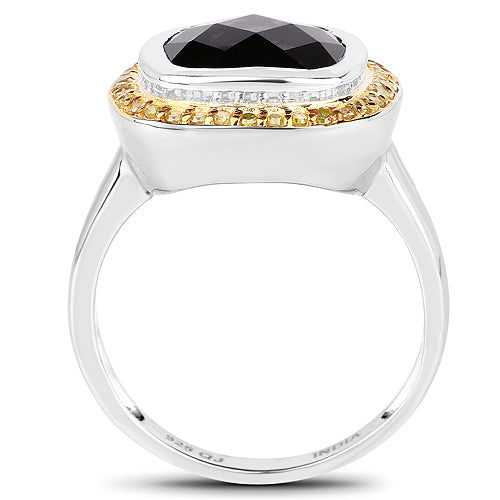 Anillo de plata de ley .925 con cuarzo ahumado genuino de 3.67 quilates y diamantes amarillos