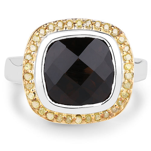 Anillo de plata de ley .925 con cuarzo ahumado genuino de 3.67 quilates y diamantes amarillos