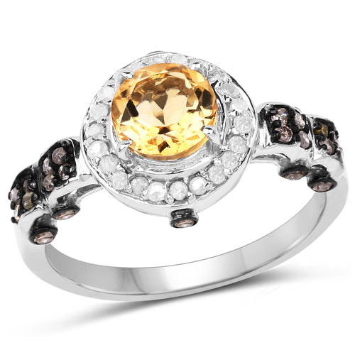 Anillo de plata de ley .925 con citrino genuino de 1.06 quilates, diamante champán y diamante blanco