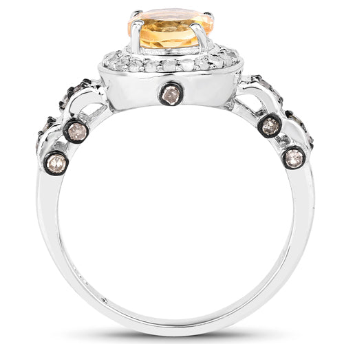 Anillo de plata de ley .925 con citrino genuino de 1.06 quilates, diamante champán y diamante blanco