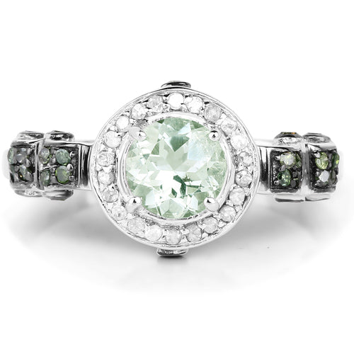 Anillo de plata de ley .925 con amatista verde genuina de 1,07 quilates, diamante verde y diamante blanco