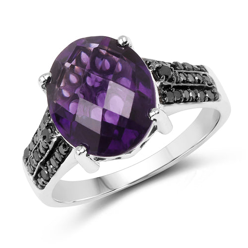 Anillo de plata de ley .925 con amatista genuina de 3,96 quilates y diamante negro
