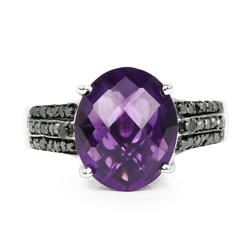 Anillo de plata de ley .925 con amatista genuina de 3,96 quilates y diamante negro