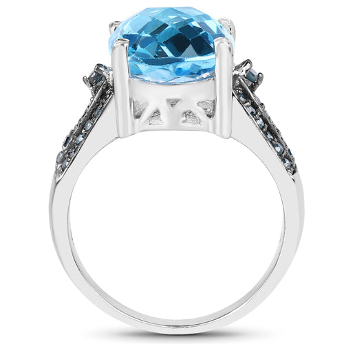 Anillo de plata de ley .925 con topacio azul suizo auténtico de 5,51 quilates y diamantes azules