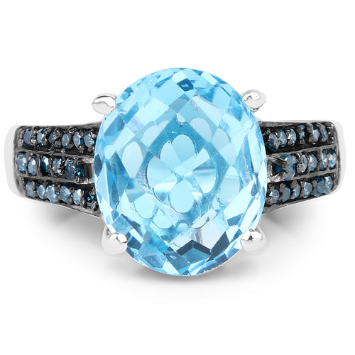 Anillo de plata de ley .925 con topacio azul suizo auténtico de 5,51 quilates y diamantes azules