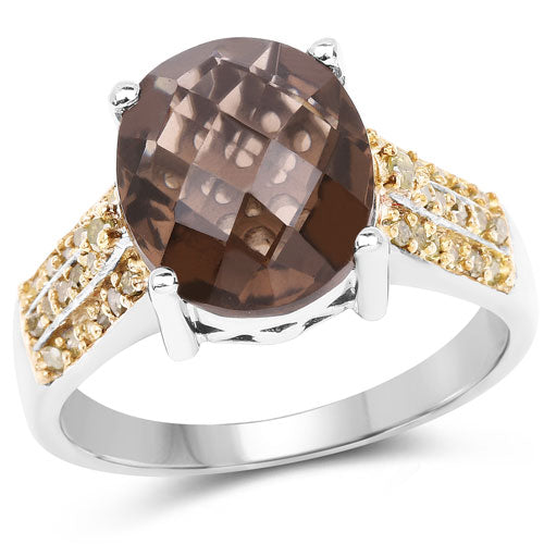 Anillo de plata de ley .925 con cuarzo ahumado genuino de 4.87 quilates y diamante amarillo