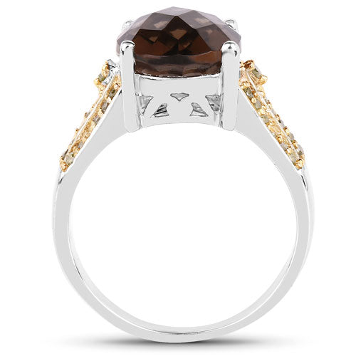 Anillo de plata de ley .925 con cuarzo ahumado genuino de 4.87 quilates y diamante amarillo