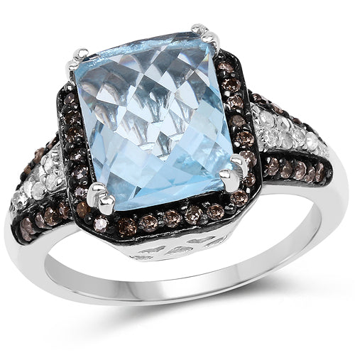 Anillo de plata de ley .925 con topacio azul suizo genuino de 4.33 quilates, diamante champán y diamante blanco