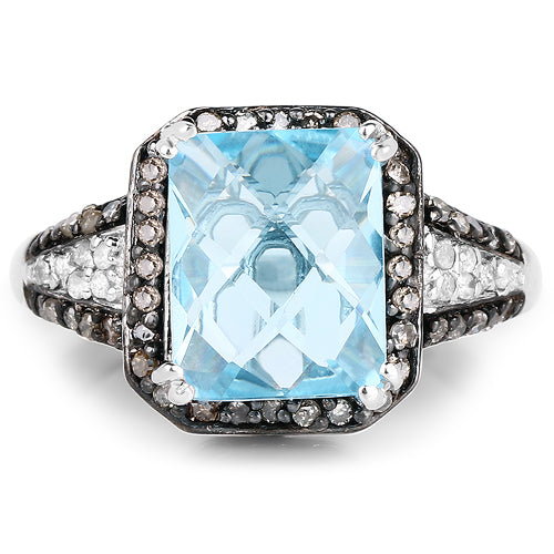 Anillo de plata de ley .925 con topacio azul suizo genuino de 4.33 quilates, diamante champán y diamante blanco