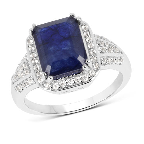 Anillo de plata de ley .925 con zafiro relleno de vidrio de 4.80 quilates y topacio blanco
