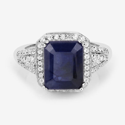 Anillo de plata de ley .925 con zafiro relleno de vidrio de 4.80 quilates y topacio blanco