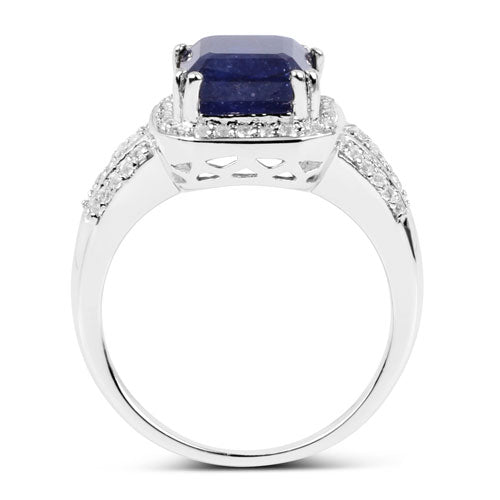 Anillo de plata de ley .925 con zafiro relleno de vidrio de 4.80 quilates y topacio blanco