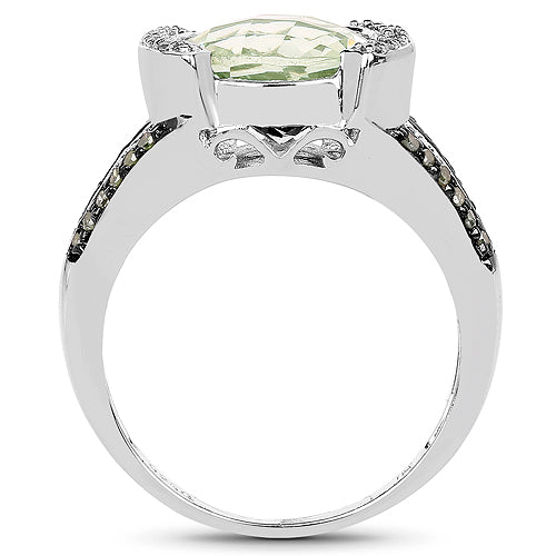 Anillo de plata de ley .925 con amatista verde auténtica de 3.59 quilates, diamante verde y diamante blanco