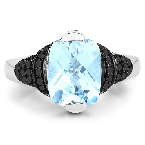 Anillo de plata de ley .925 con topacio azul suizo auténtico de 3.81 quilates, diamantes negros y diamantes blancos