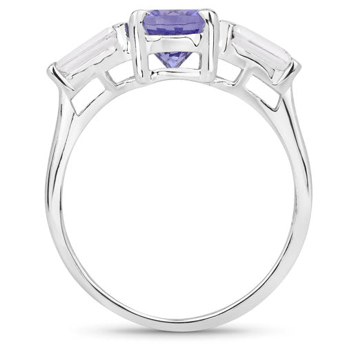 Anillo de plata de ley .925 con tanzanita auténtica de 2,00 quilates y topacio blanco