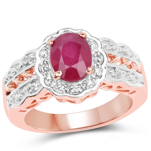 Anillo de plata de ley .925 chapado en oro rosa de 14K con rubí tratado de 1,67 quilates y topacio blanco