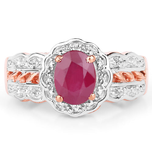Anillo de plata de ley .925 chapado en oro rosa de 14K con rubí tratado de 1,67 quilates y topacio blanco
