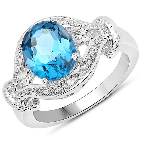 Anillo de plata de ley .925 con topacio azul Londres y diamante blanco genuinos de 3.26 quilates