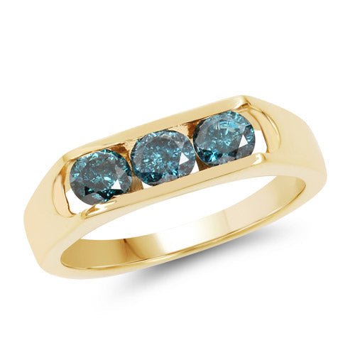 Anillo de plata de ley .925 con baño de oro amarillo de 14 quilates y diamante azul genuino de 0,90 quilates