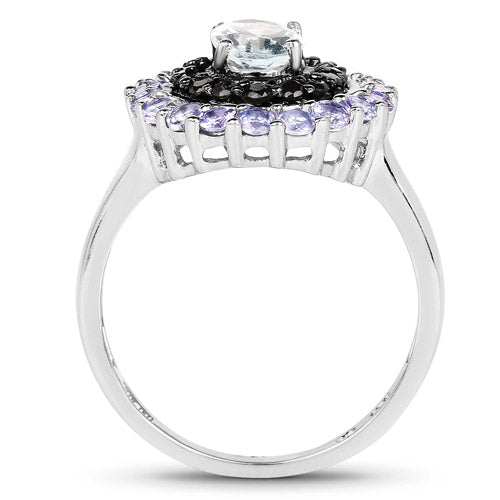 Anillo de Plata de Ley .925 con Aguamarina Genuina de 1,77 Quilates, Espinela Negra y Tanzanita