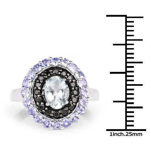Anillo de Plata de Ley .925 con Aguamarina Genuina de 1,77 Quilates, Espinela Negra y Tanzanita
