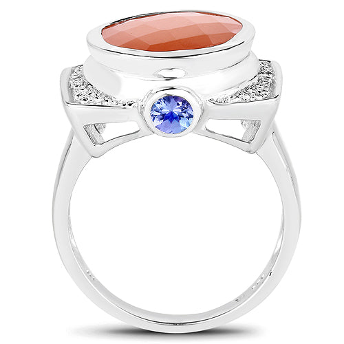 Anillo de plata de ley .925 con piedra lunar melocotón genuina de 5.99 quilates, tanzanita y topacio blanco