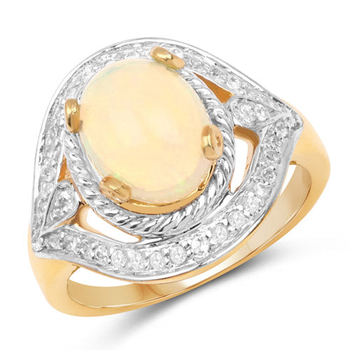 Anillo de plata de ley 925 chapado en oro amarillo de 14 quilates con ópalo etíope auténtico de 1,88 quilates y topacio blanco