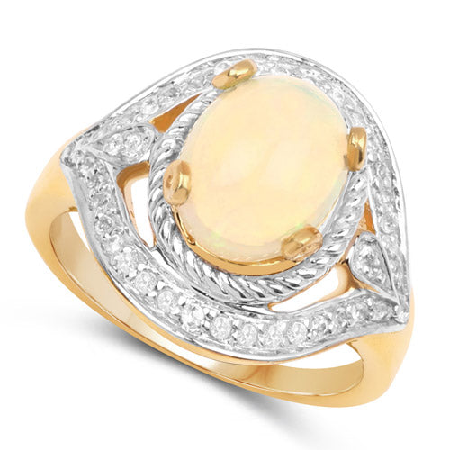 Anillo de plata de ley 925 chapado en oro amarillo de 14 quilates con ópalo etíope auténtico de 1,88 quilates y topacio blanco