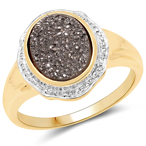 Anillo de plata de ley .925 con chapado en oro amarillo de 14K y cuarzo drusa auténtico de 4,50 quilates
