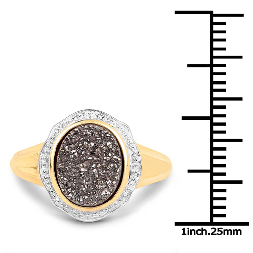 Anillo de plata de ley .925 con chapado en oro amarillo de 14K y cuarzo drusa auténtico de 4,50 quilates