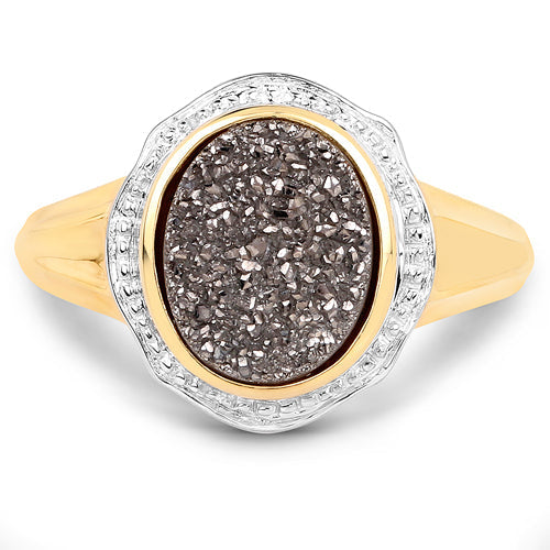 Anillo de plata de ley .925 con chapado en oro amarillo de 14K y cuarzo drusa auténtico de 4,50 quilates