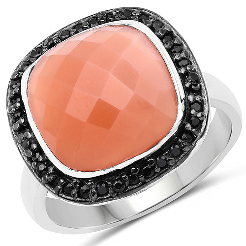 Anillo de plata esterlina .925 con piedra lunar melocotón genuina de 6.46 quilates y espinela negra