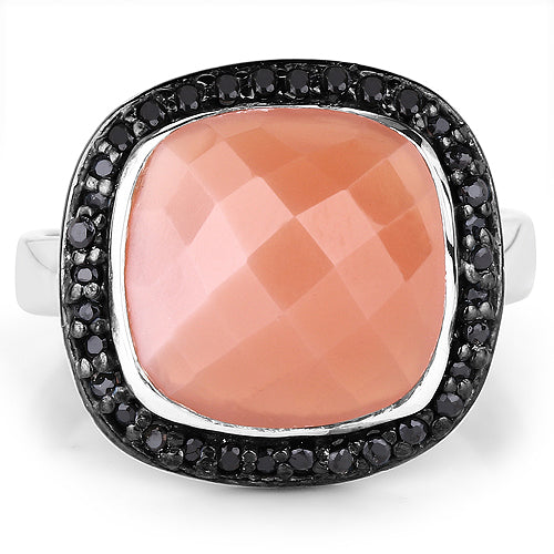 Anillo de plata esterlina .925 con piedra lunar melocotón genuina de 6.46 quilates y espinela negra