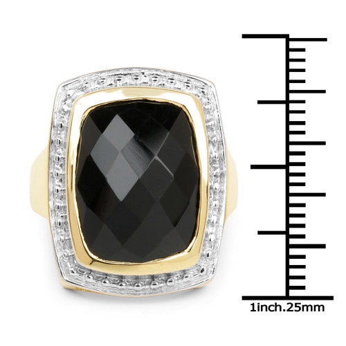 Anillo de Plata de ley .925 Chapado en Oro Amarillo de 14K con Ónix Negro Genuino de 11.00 Quilates