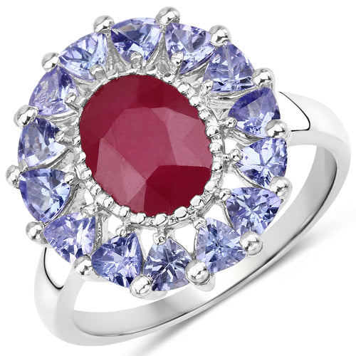 Кольцо из стерлингового серебра 925 пробы с рубином, заполненным стеклом, и танзанитом, 3,70 карата
