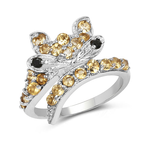 Anillo de plata de ley .925 con citrino genuino de 1.00 quilates y espinela negra