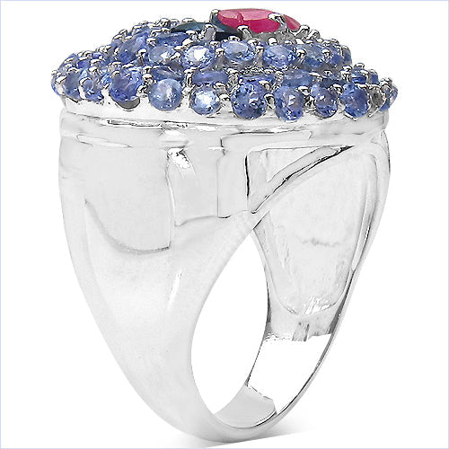 Anillo de Plata Fina de .925 con Topacio Azul Londres Genuino de 3.31 Quilates, Rubí y Tanzanita