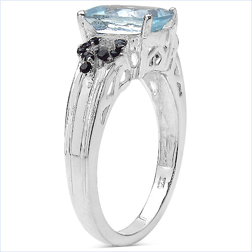 Anillo de plata de ley .925 con aguamarina auténtica de 1,92 quilates y espinela negra