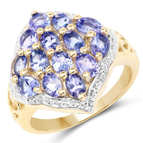 Anillo de plata esterlina .925 con tanzanita genuina de 2.38 quilates, chapado en oro amarillo de 14 quilates