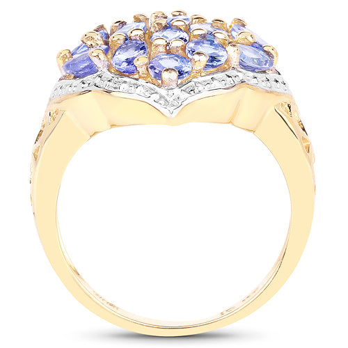 Anillo de plata esterlina .925 con tanzanita genuina de 2.38 quilates, chapado en oro amarillo de 14 quilates