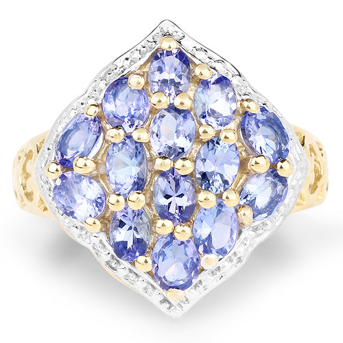 Anillo de plata esterlina .925 con tanzanita genuina de 2.38 quilates, chapado en oro amarillo de 14 quilates