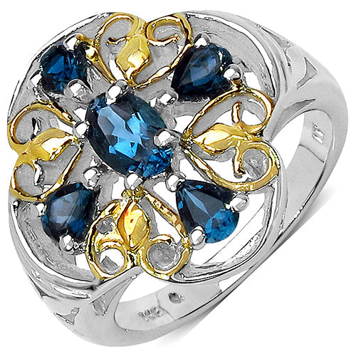 Anillo de plata de ley .925 con topacio azul de Londres genuino de 1.45 quilates, chapado en dos tonos